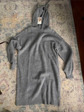 Gray Ribbed Hoodie Sweater Dress  -